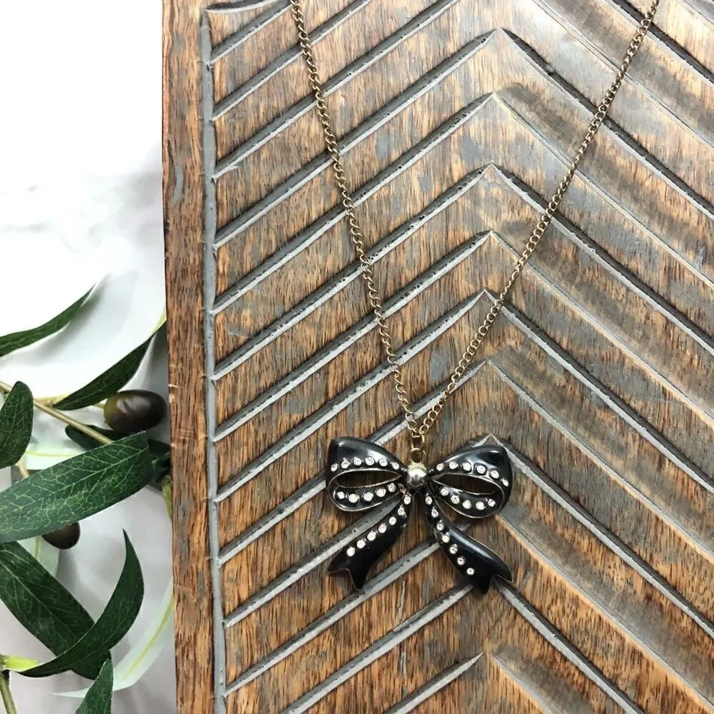 Black Rhinestone Bow Long Chain Necklace